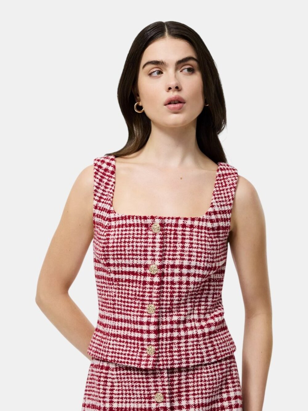 NWT FRENCH CONNECTION BRUSHED HOUNDSTOOTH SQUARE NECK SLEEVELESS TOP RED WHITE